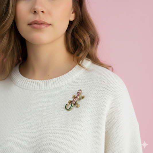 Gecko-Eidechsen-Brosche mit rosa und grünen Zirkonen, Gold