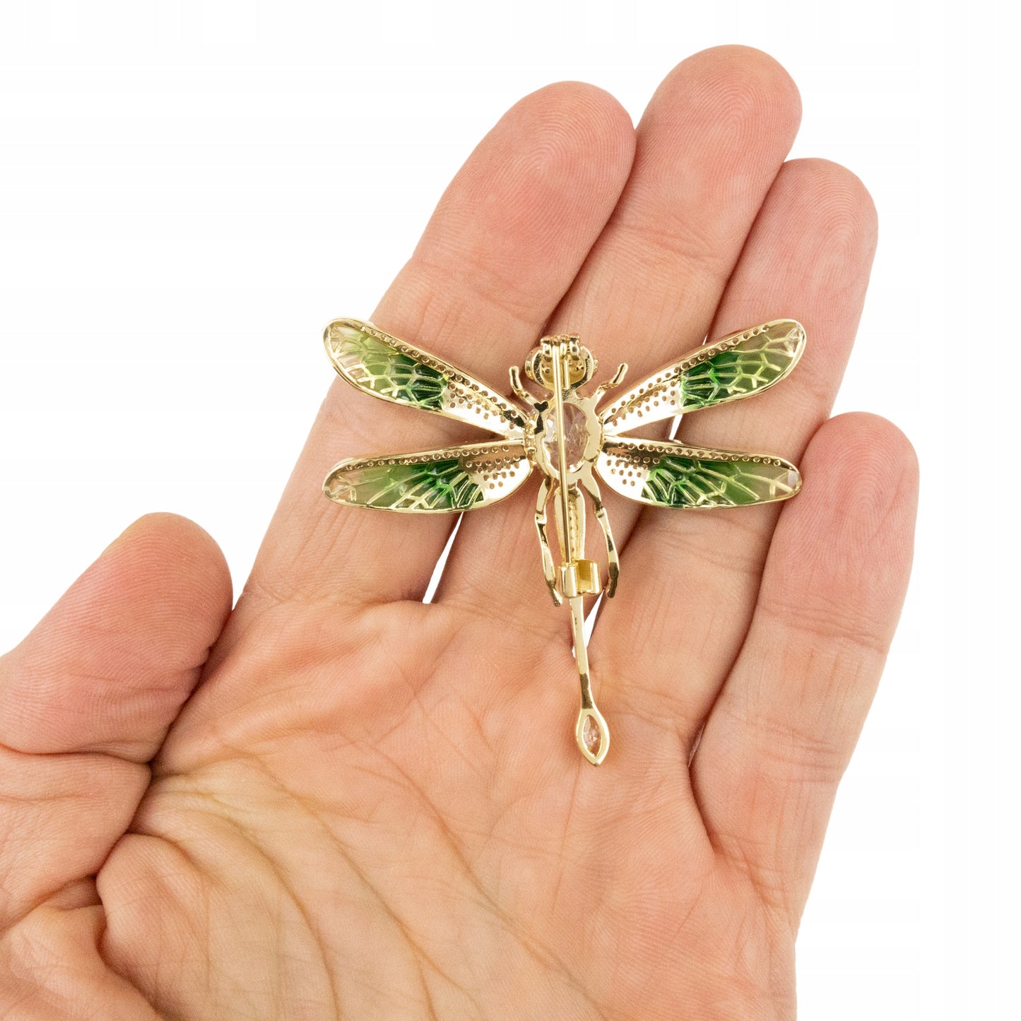 Grüne Libelle mit Zirkonia – 14 Karat vergoldete Brosche