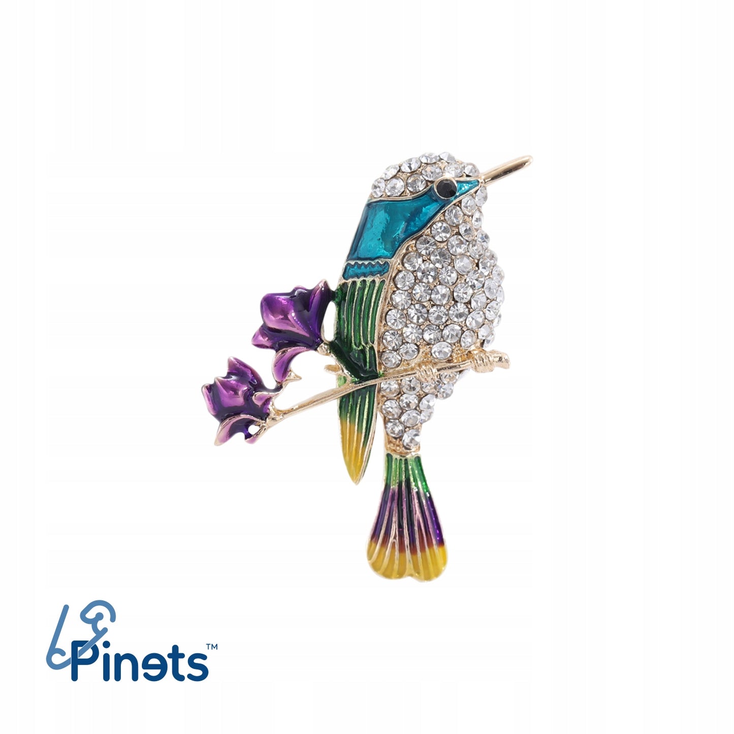 PINETS Brosche Blauer Vogel Blumen Strass