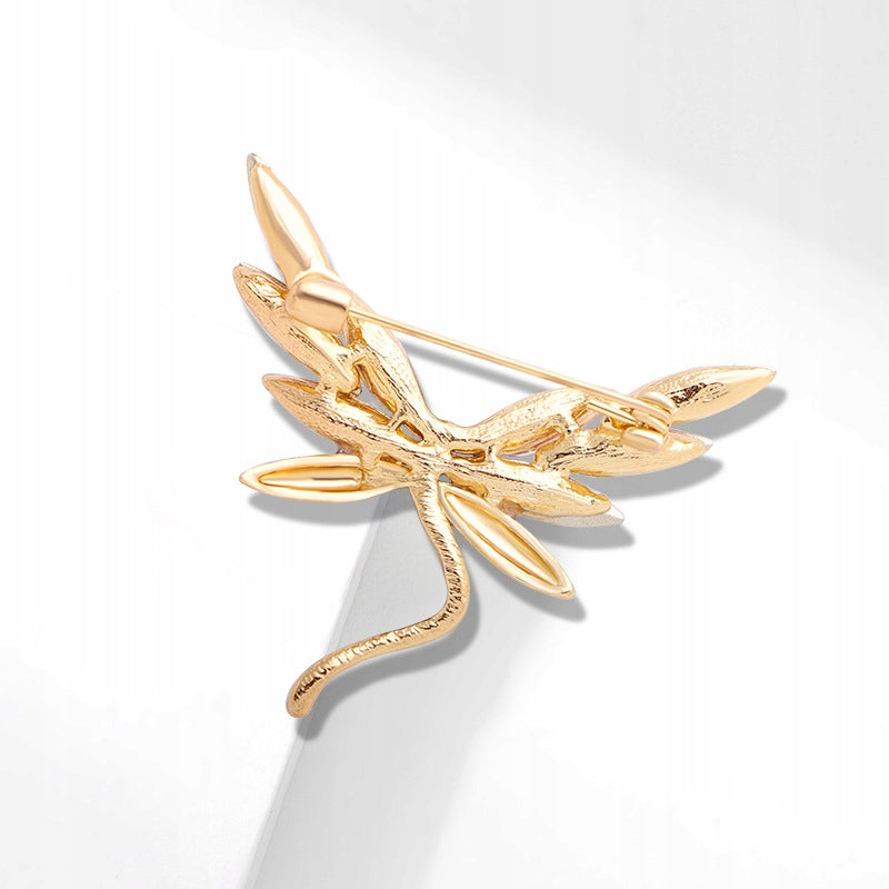 Goldene Libelle mit rosa Flügeln - Brosche