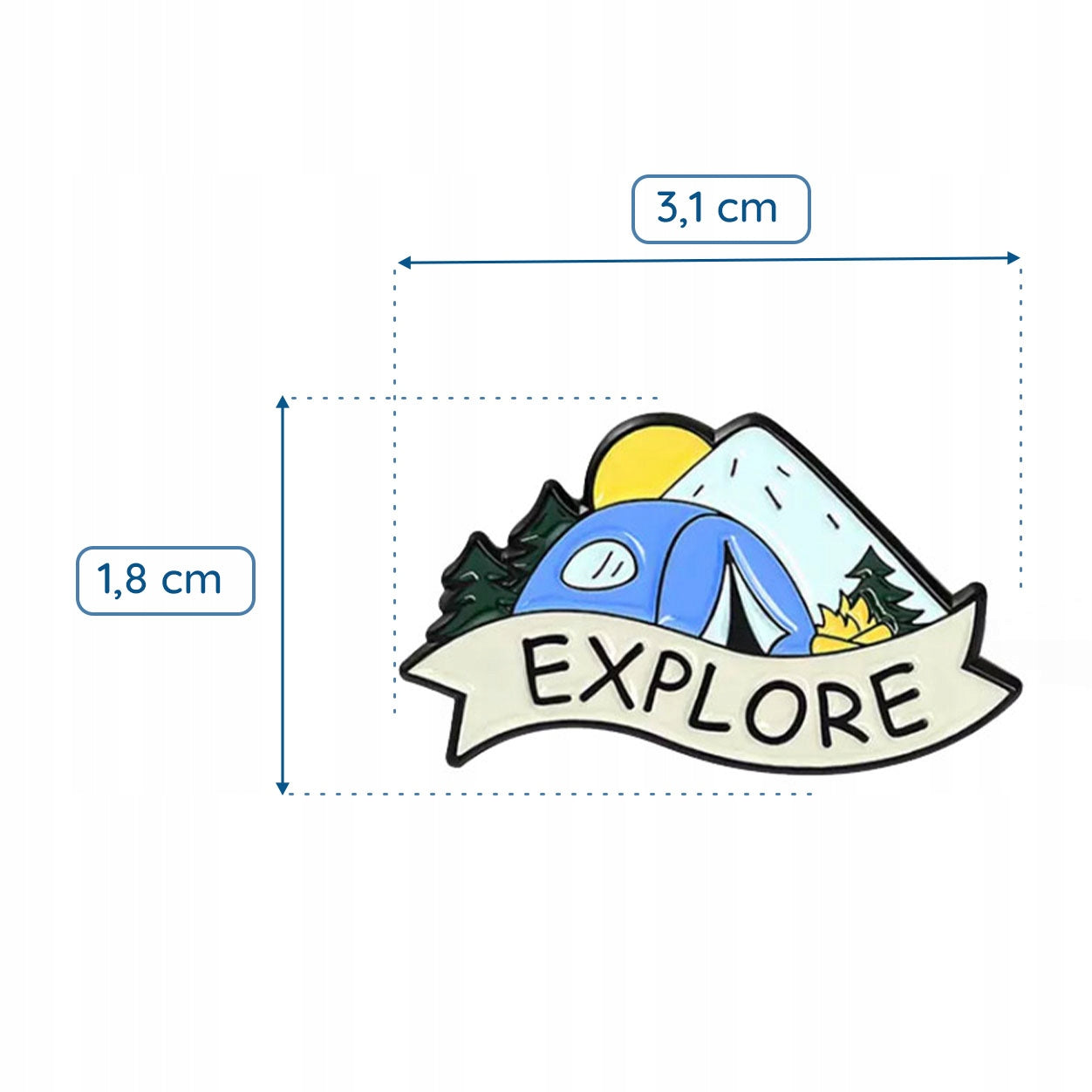 Bergnadel mit einem Zelt und dem Wort „Explore“