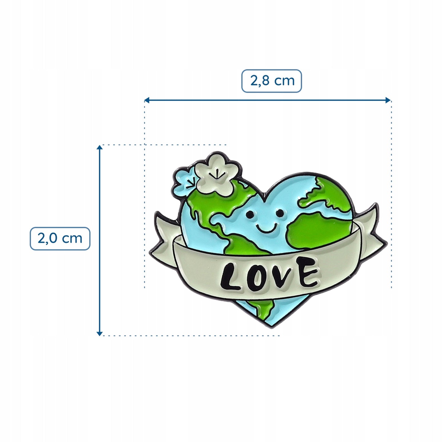 Umweltfreundlicher Pin mit einem Herz in Form des Planeten Erde und der Aufschrift „Love“
