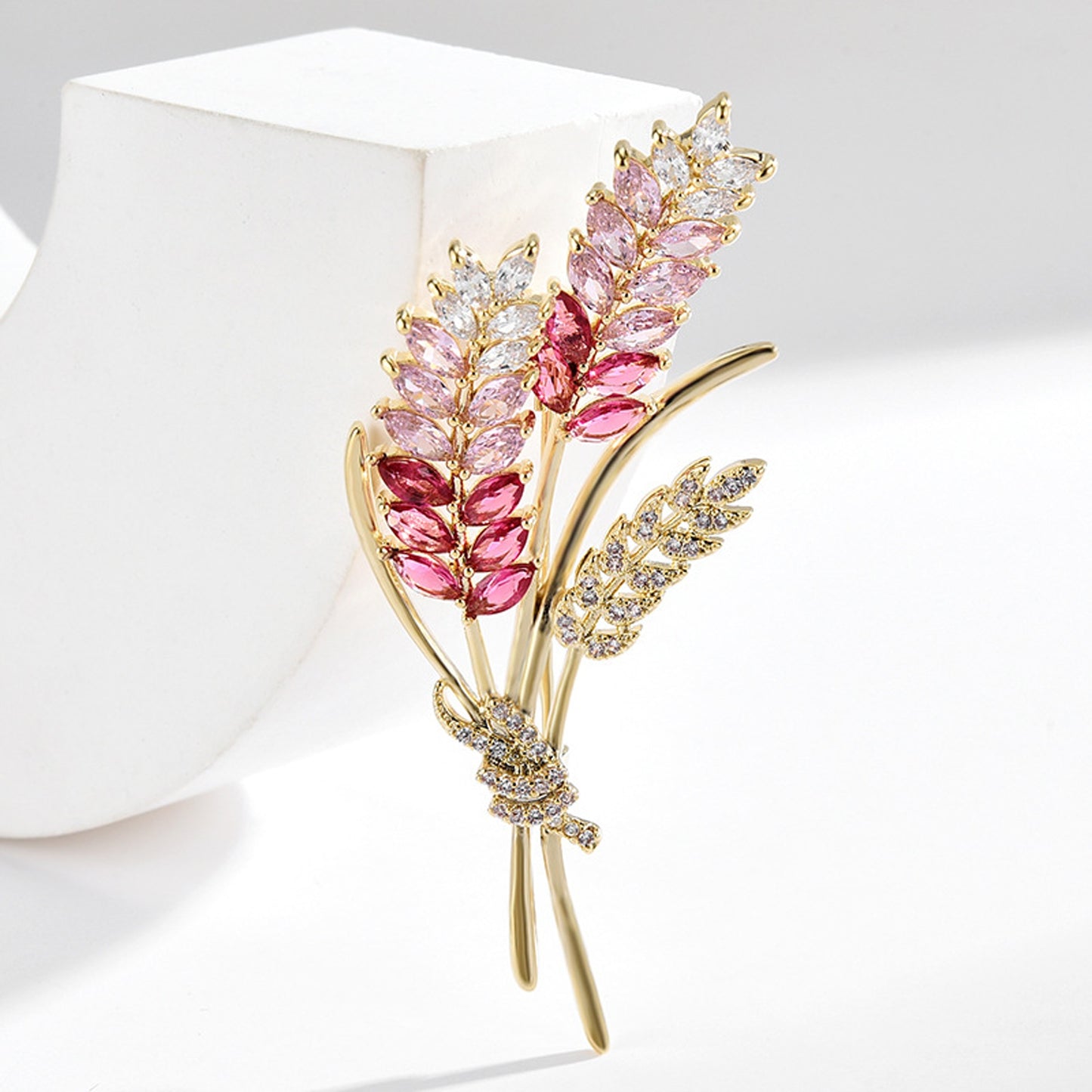 Getreideähren mit rosa Zirkonen – 14K vergoldete Brosche