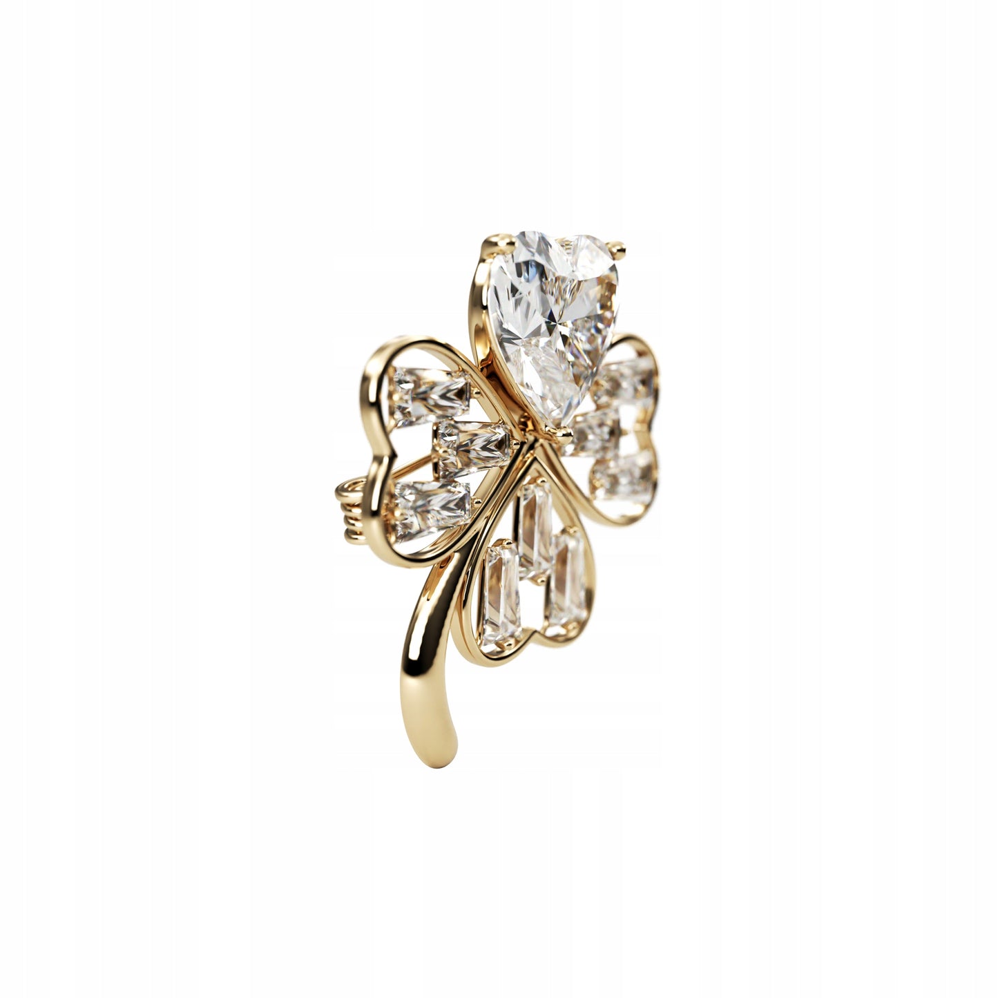 Goldenes Kleeblatt mit weißen Zirkonen und einem Herz – eine Glücksbrosche