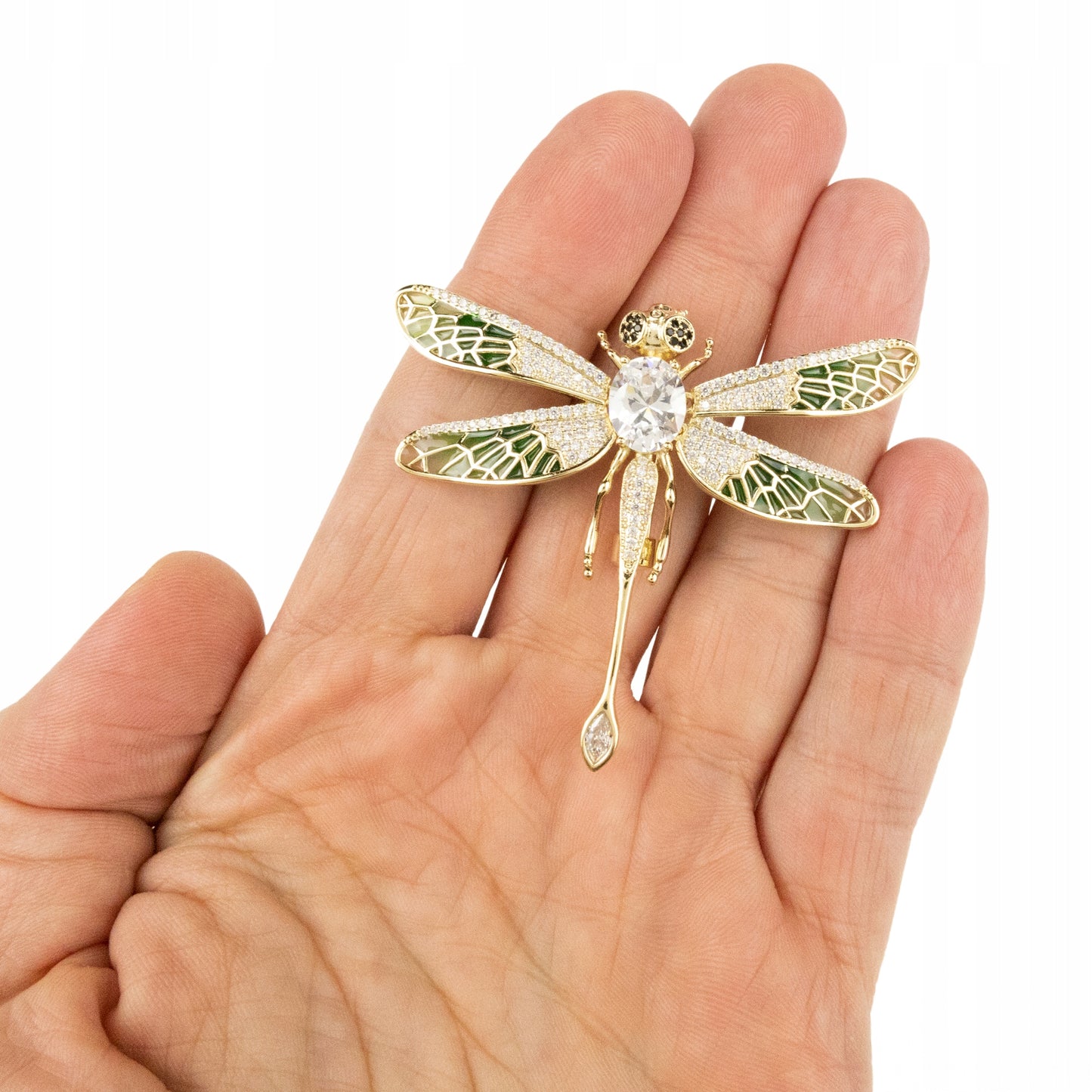 Grüne Libelle mit Zirkonia – 14 Karat vergoldete Brosche