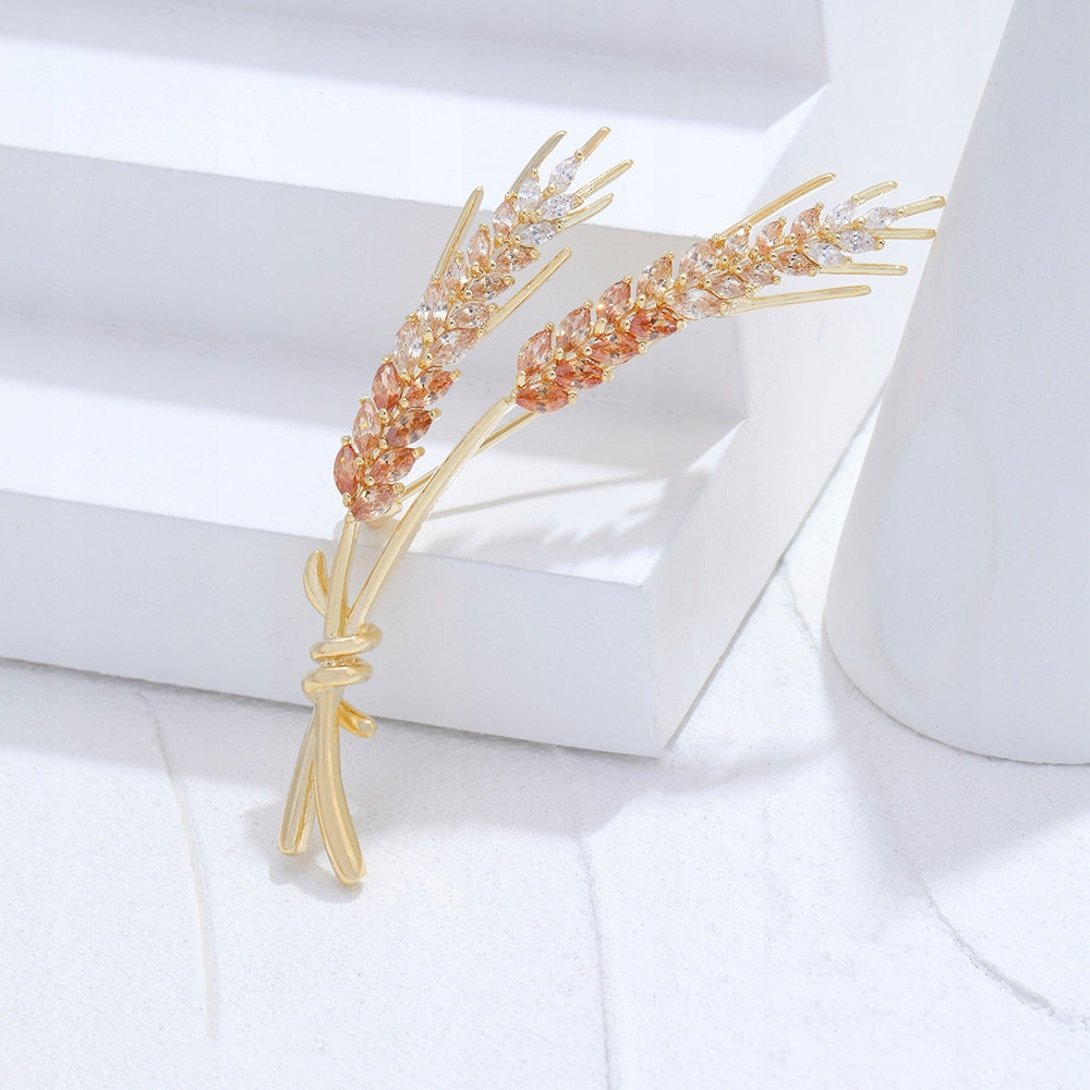 Getreideähren - 14K vergoldete Brosche mit Zirkonia