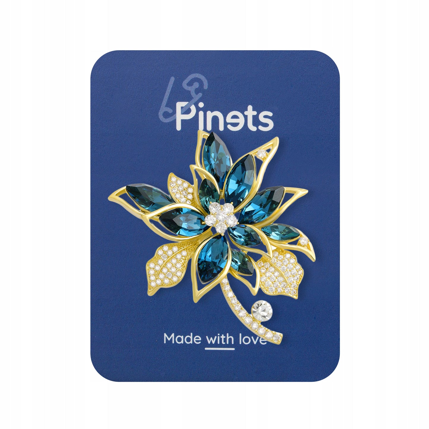 Blaue Blume mit Zirkonia – 14 Karat vergoldete Brosche