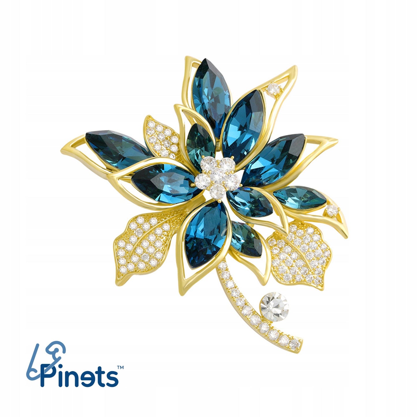 Blaue Blume mit Zirkonia – 14 Karat vergoldete Brosche