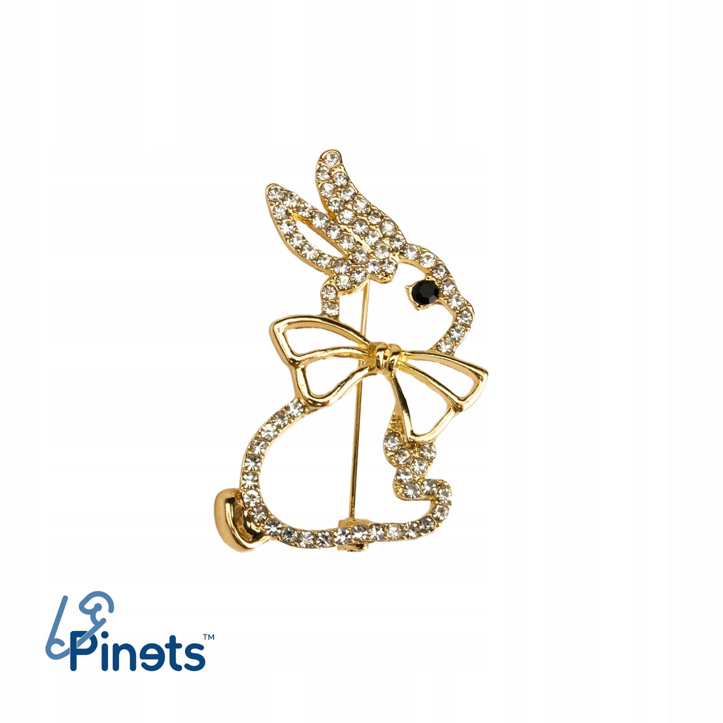 Hase mit Schleife - Goldbrosche mit Zirkonia