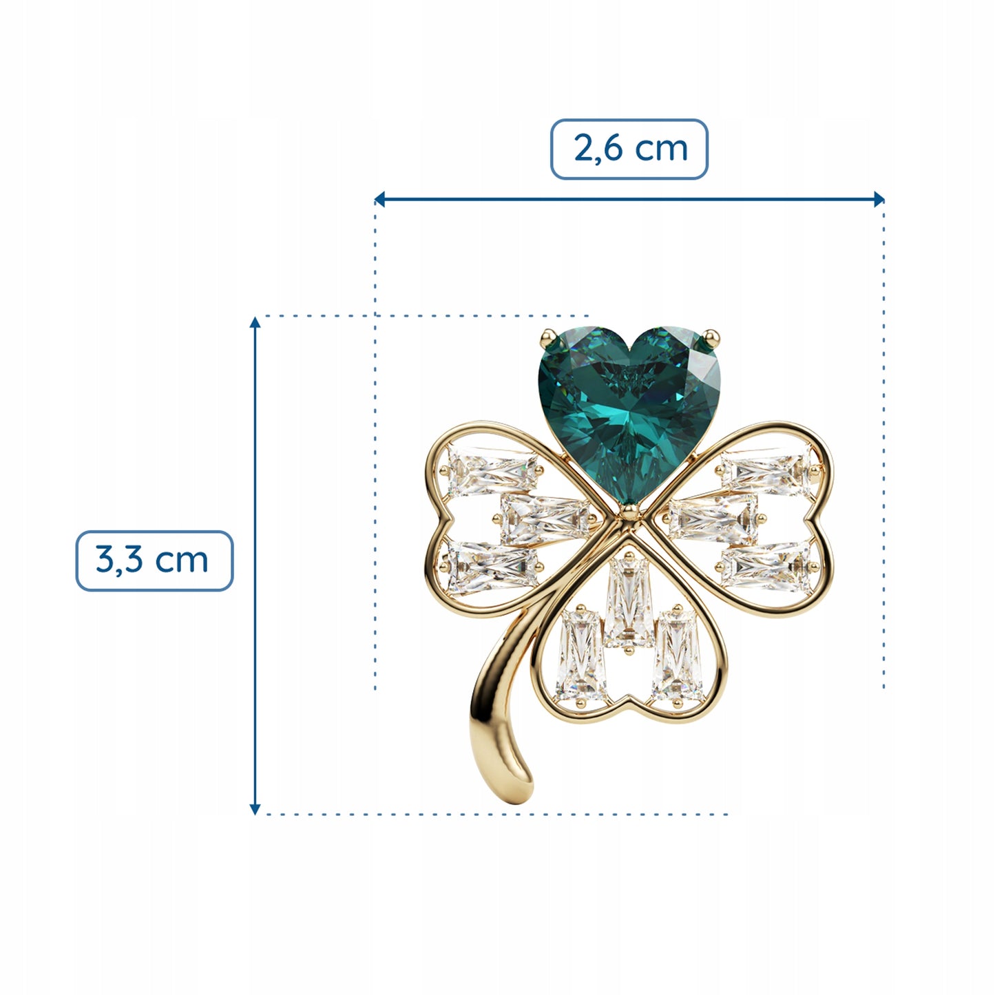 Goldenes Kleeblatt mit grünem Herz - Brosche mit Zirkonia