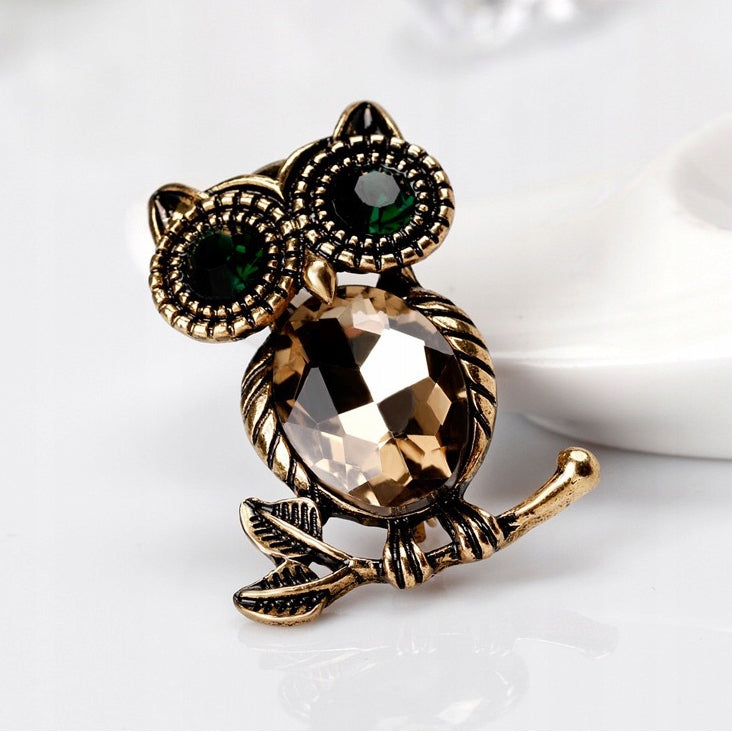 Goldene Eule - Brosche mit Zirkonia