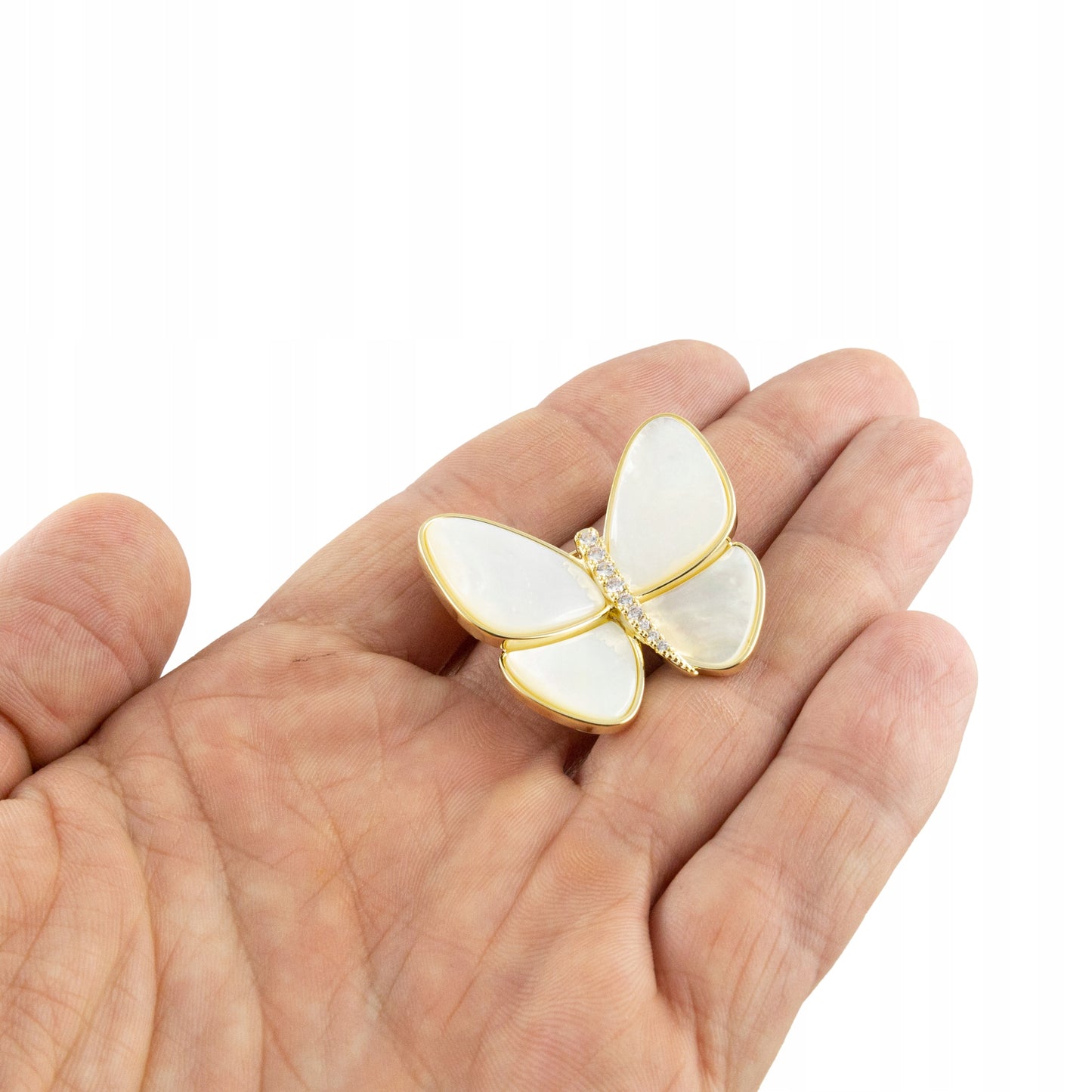 Weißer Schmetterling mit Perlmutt - 14K vergoldete Brosche