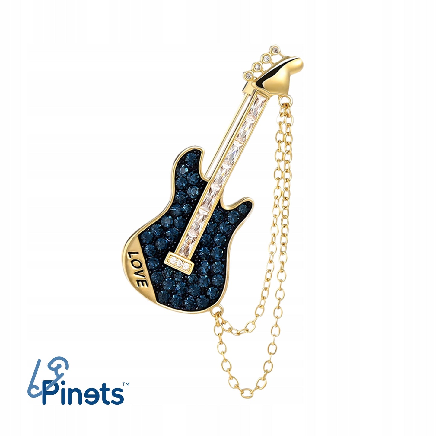 Gitarre mit Kette und LOVE-Aufschrift – 14K vergoldete Brosche
