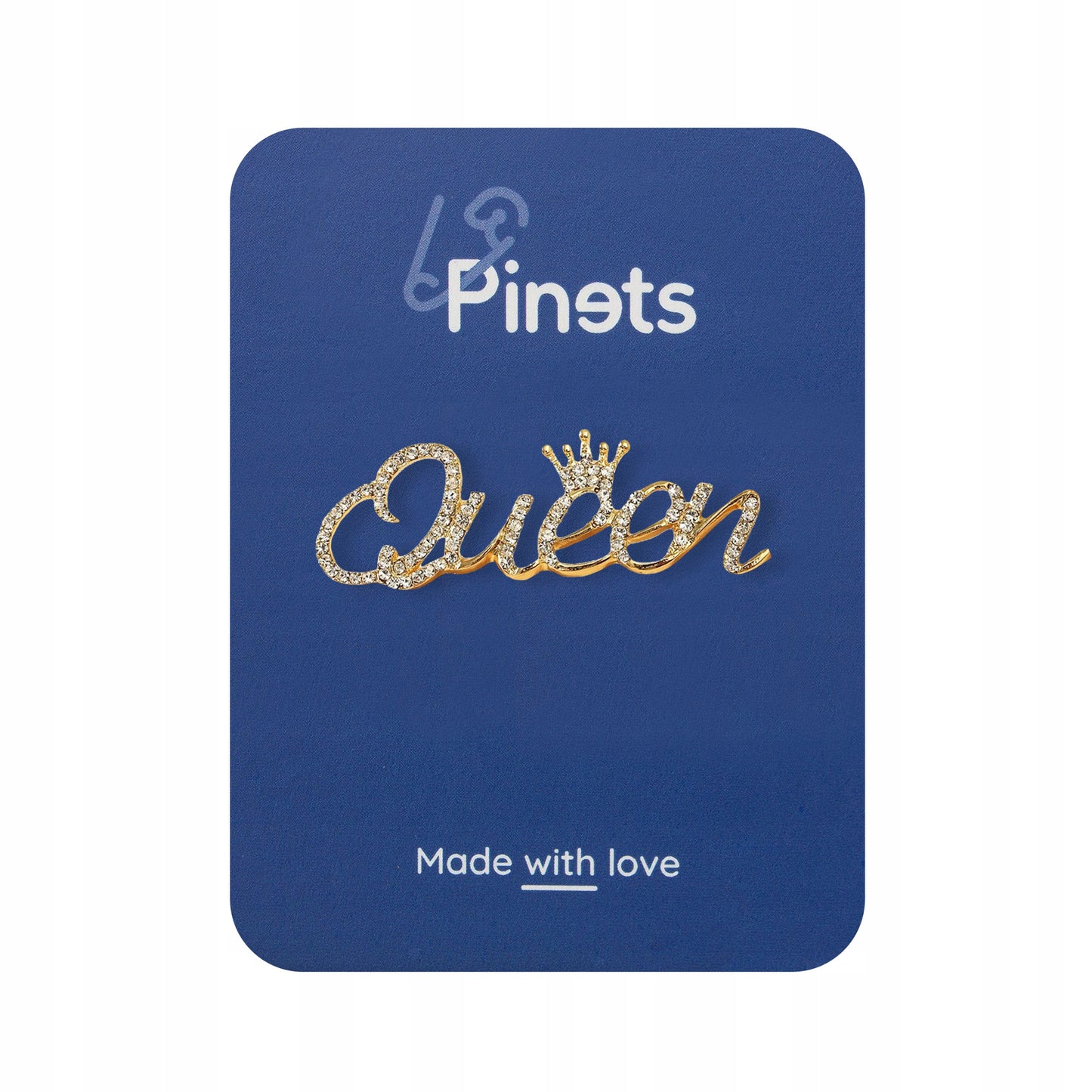 Goldinschrift „Queen“ mit einer Krone – Brosche mit Zirkonia