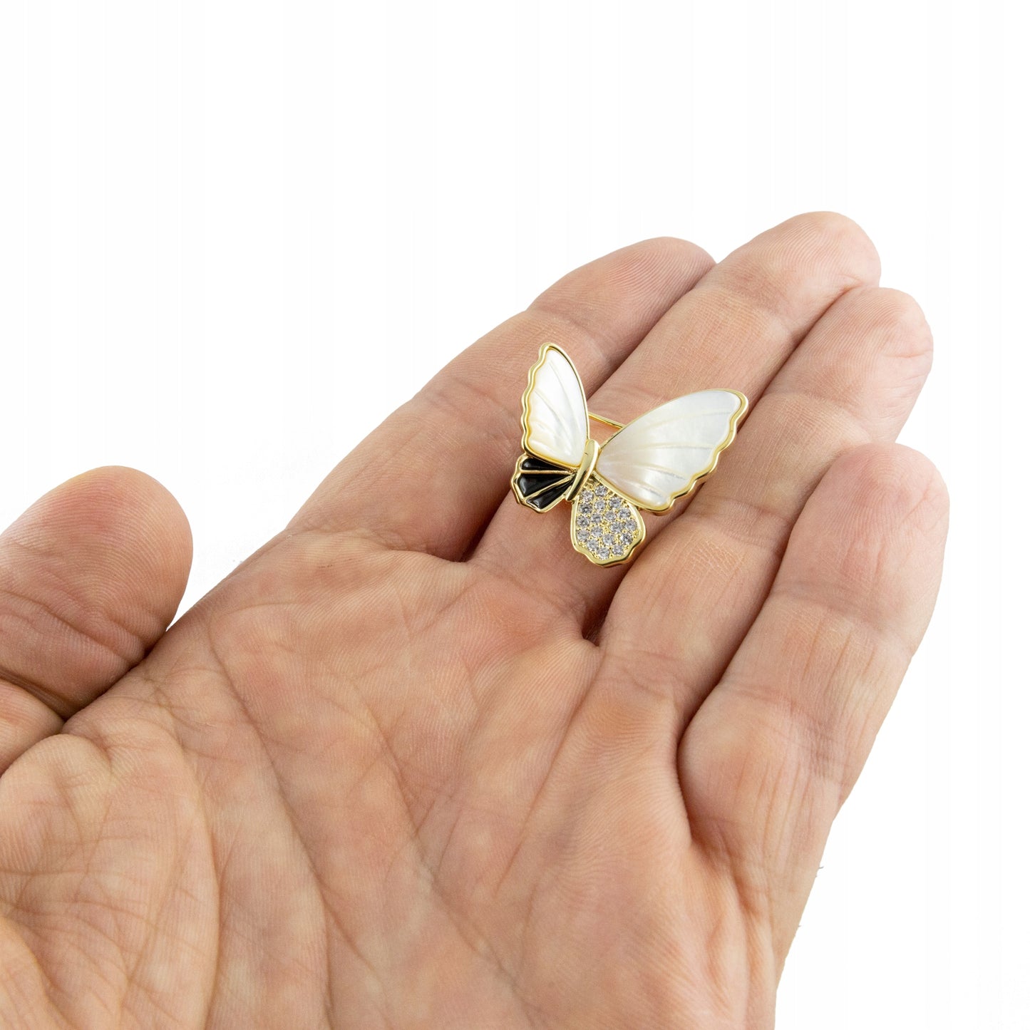 Schmetterling gefüllt mit Perlmutt - 14K vergoldete Brosche