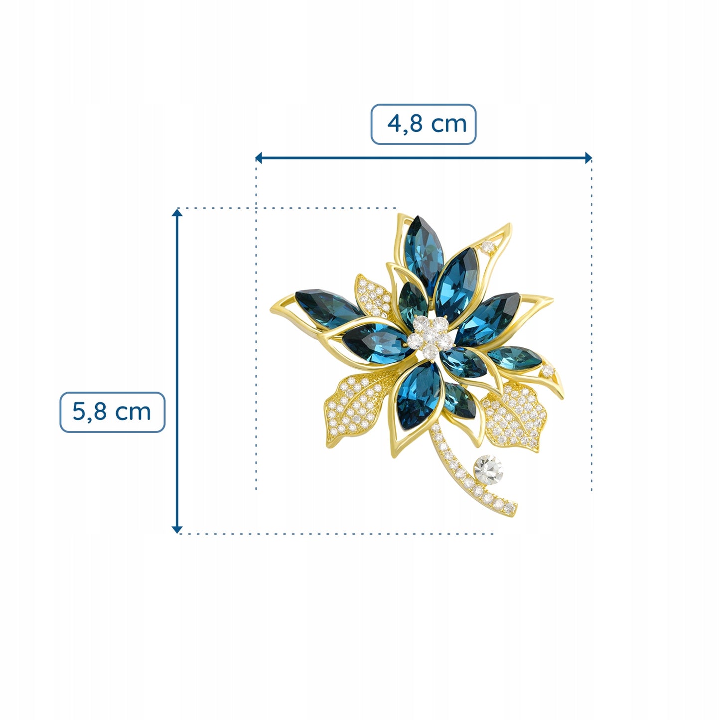 Blaue Blume mit Zirkonia – 14 Karat vergoldete Brosche