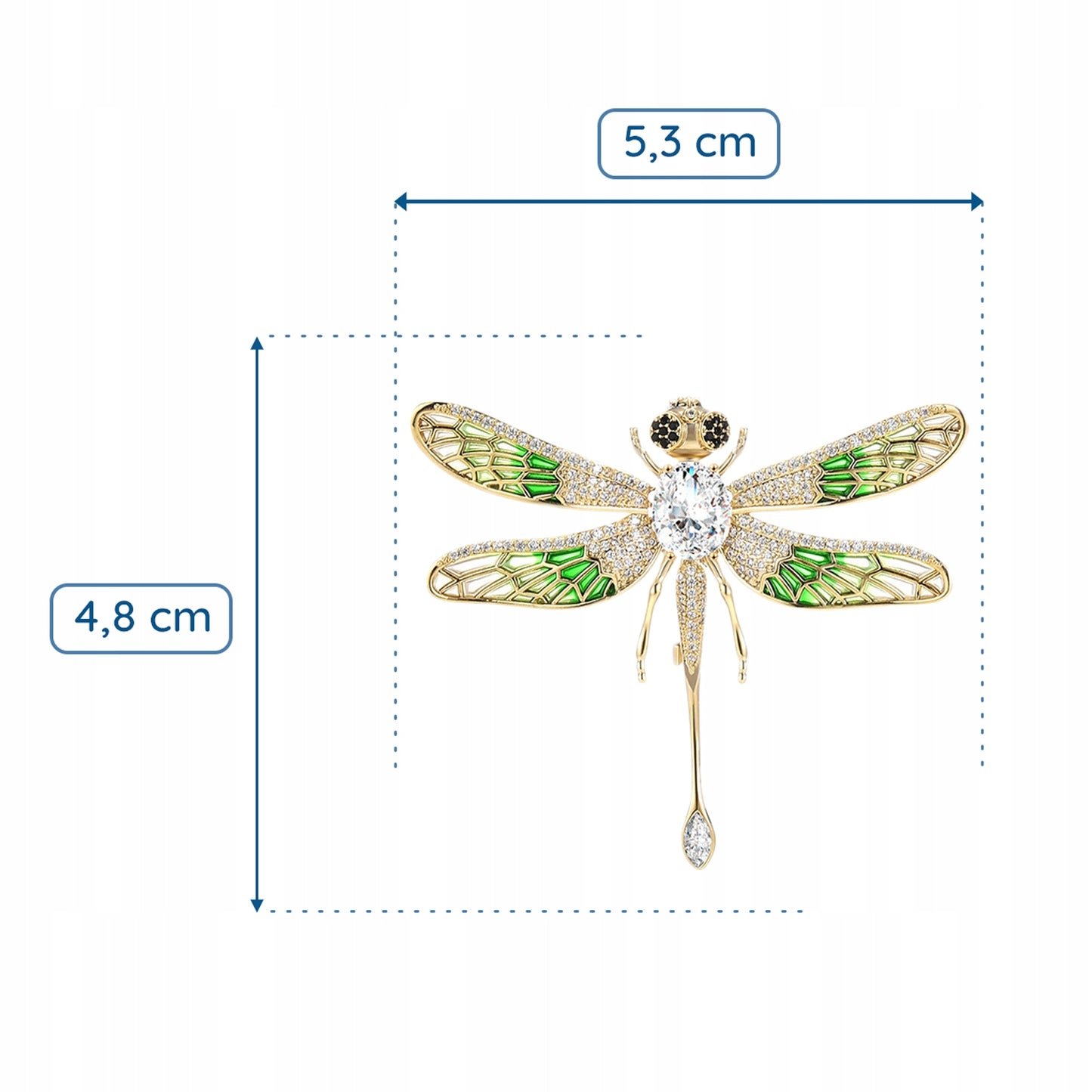 Grüne Libelle mit Zirkonia – 14 Karat vergoldete Brosche