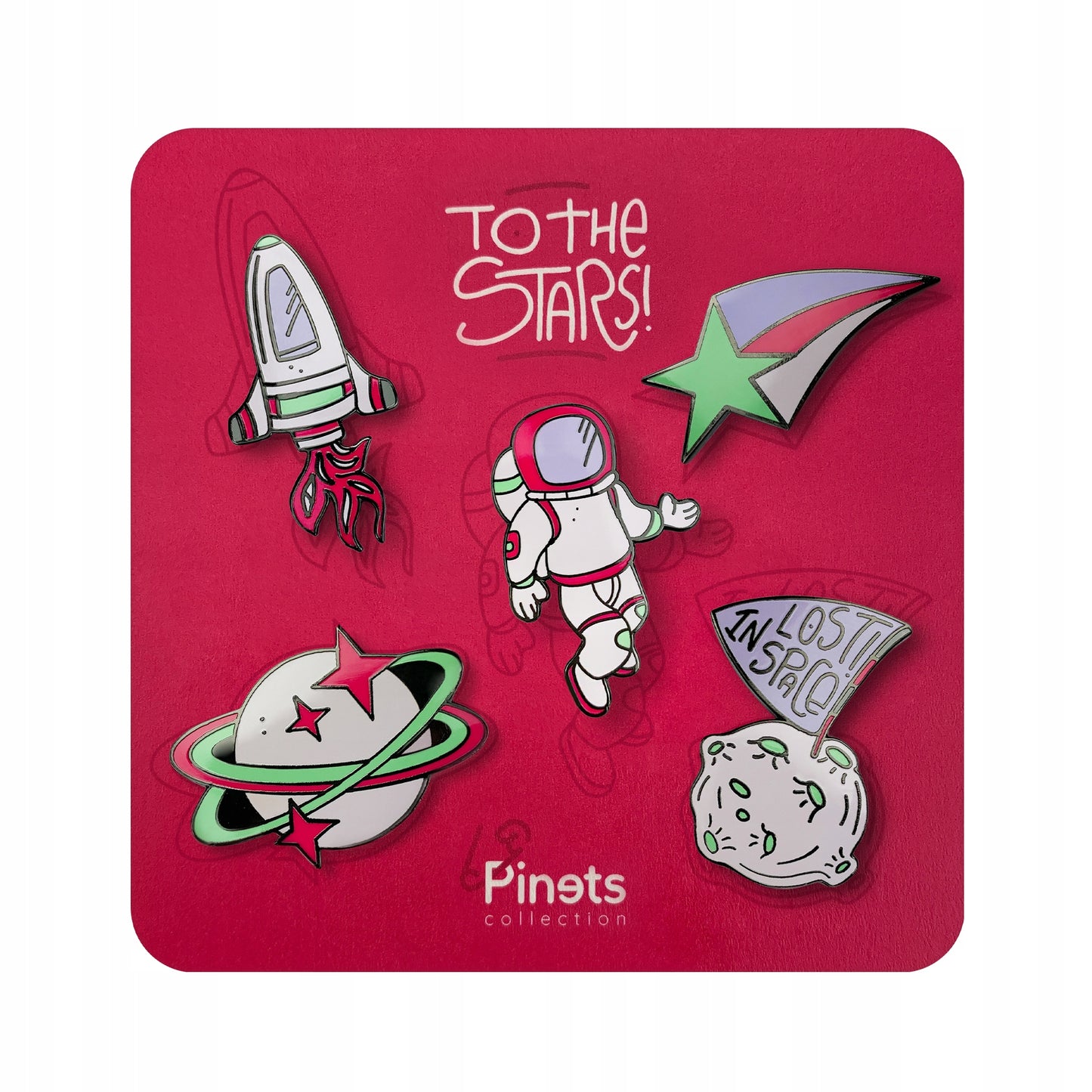 Set mit 5 Sammelpins mit Weltraummotiv „Zu den Sternen!“