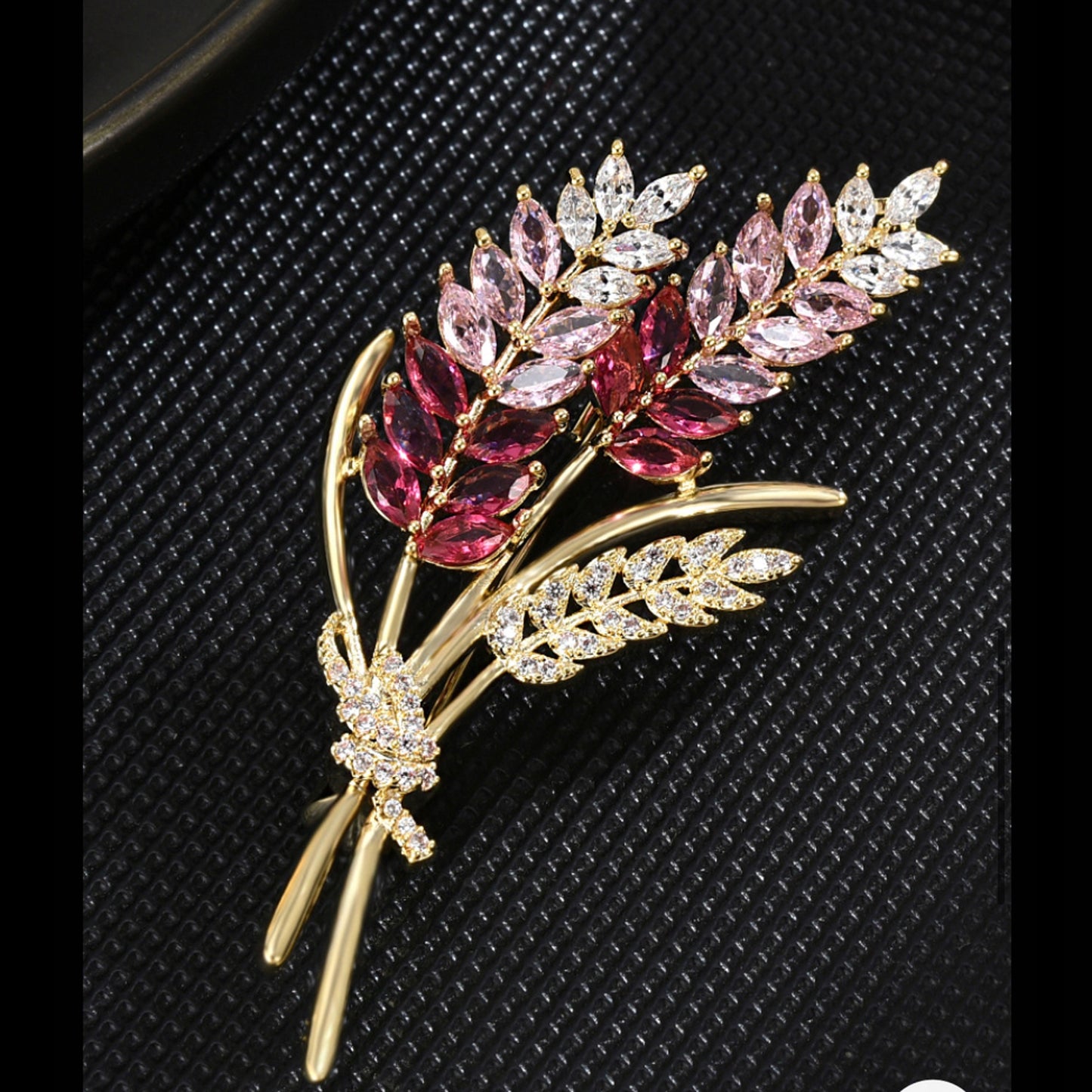 Getreideähren mit rosa Zirkonen – 14K vergoldete Brosche