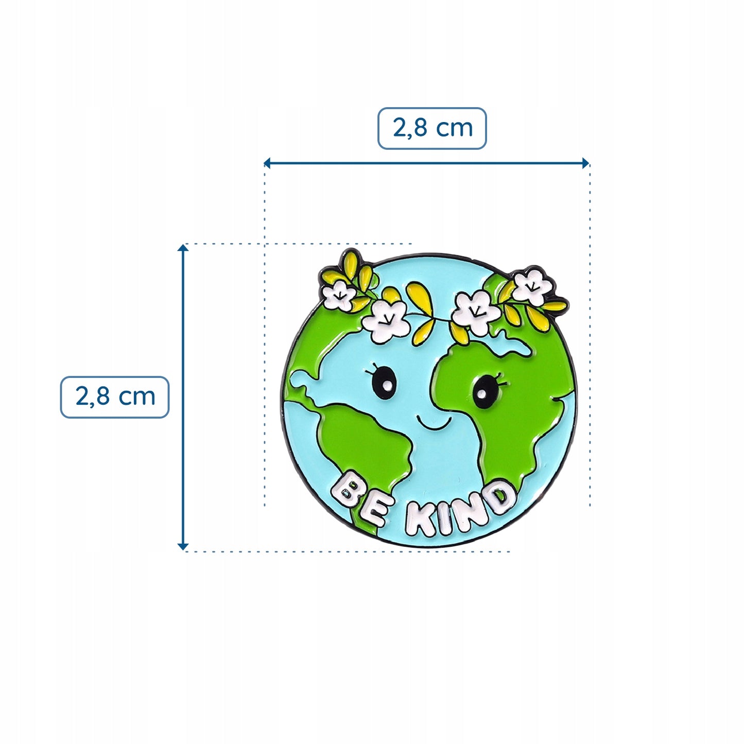 Ökologische Anstecknadel in Form des Planeten Erde mit einem Kranz und dem Slogan „Be Kind“