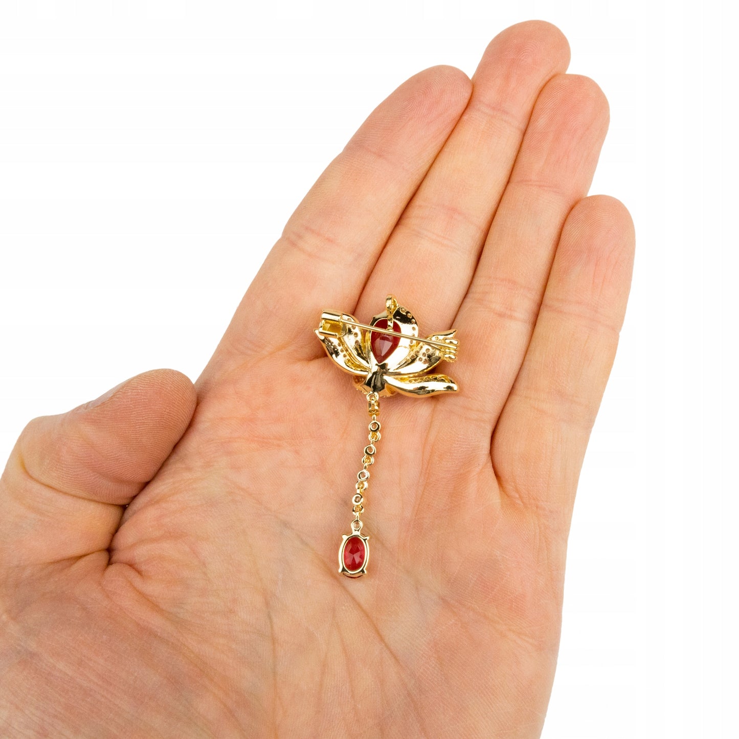 Blume mit Kette - 14K vergoldete Brosche