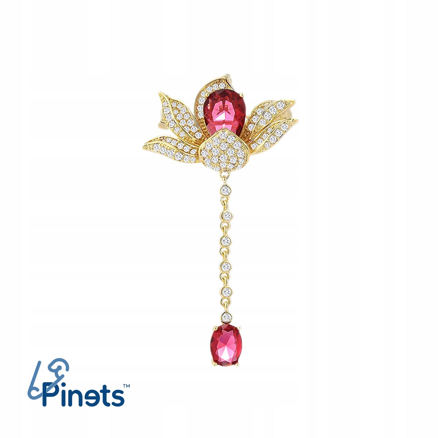 Blume mit Kette - 14K vergoldete Brosche