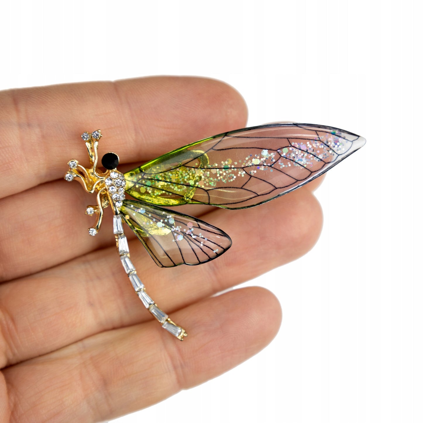 Libelle mit grünen Harzflügeln - Brosche