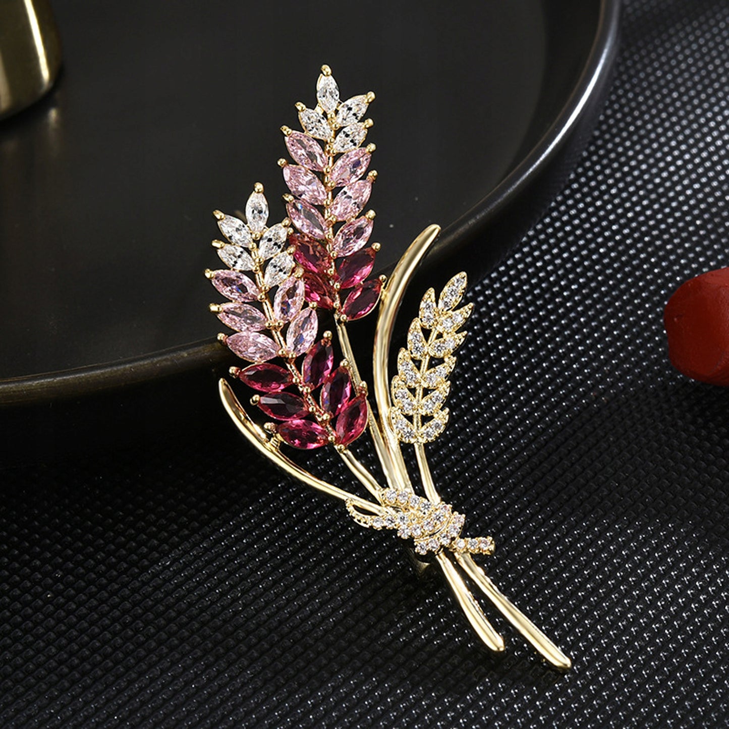 Getreideähren mit rosa Zirkonen – 14K vergoldete Brosche