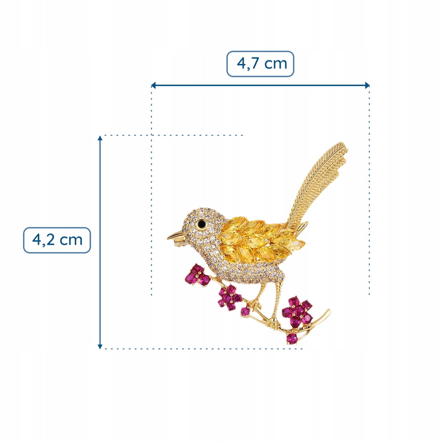 Vogel auf einem Ast mit Blumen - 14K vergoldete Brosche