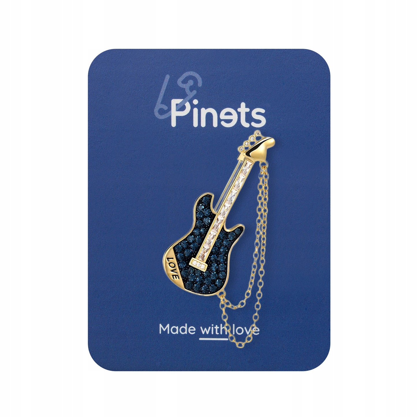 Gitarre mit Kette und LOVE-Aufschrift – 14K vergoldete Brosche