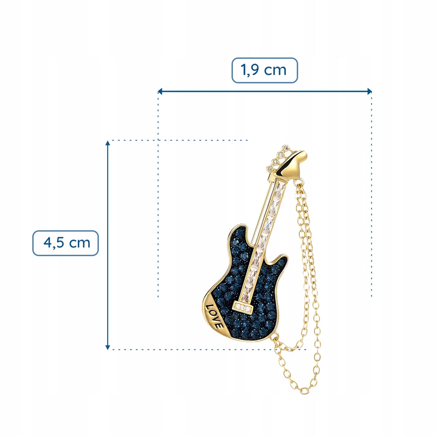 Gitarre mit Kette und LOVE-Aufschrift – 14K vergoldete Brosche