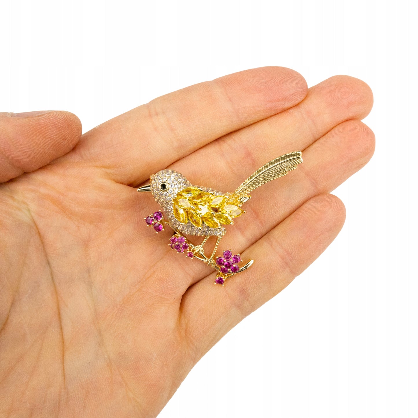 Vogel auf einem Ast mit Blumen - 14K vergoldete Brosche