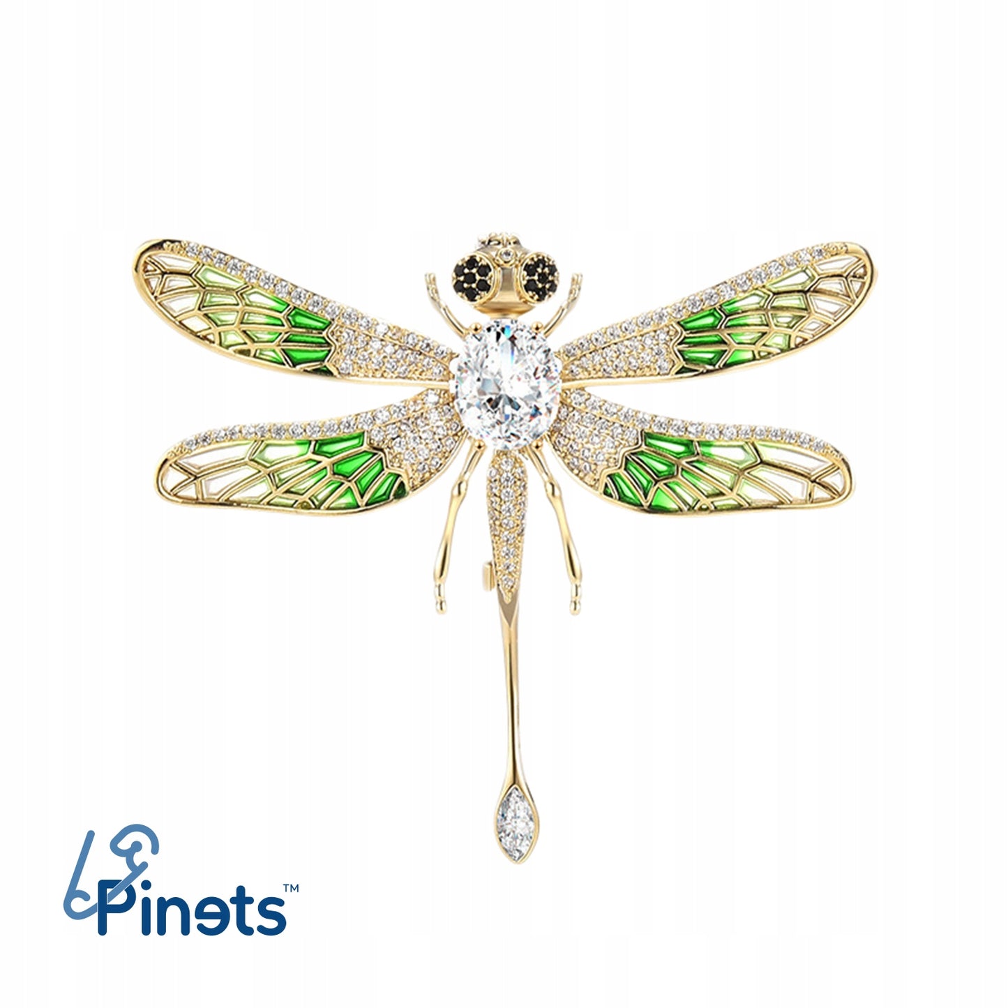 Grüne Libelle mit Zirkonia – 14 Karat vergoldete Brosche