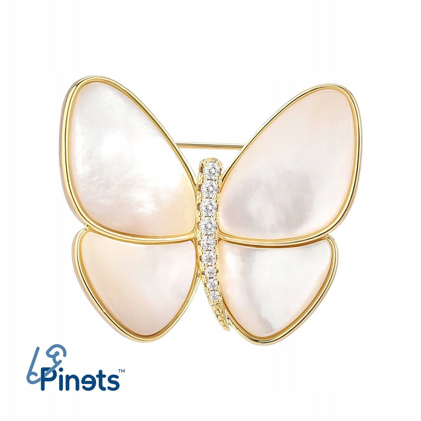 Weißer Schmetterling mit Perlmutt - 14K vergoldete Brosche
