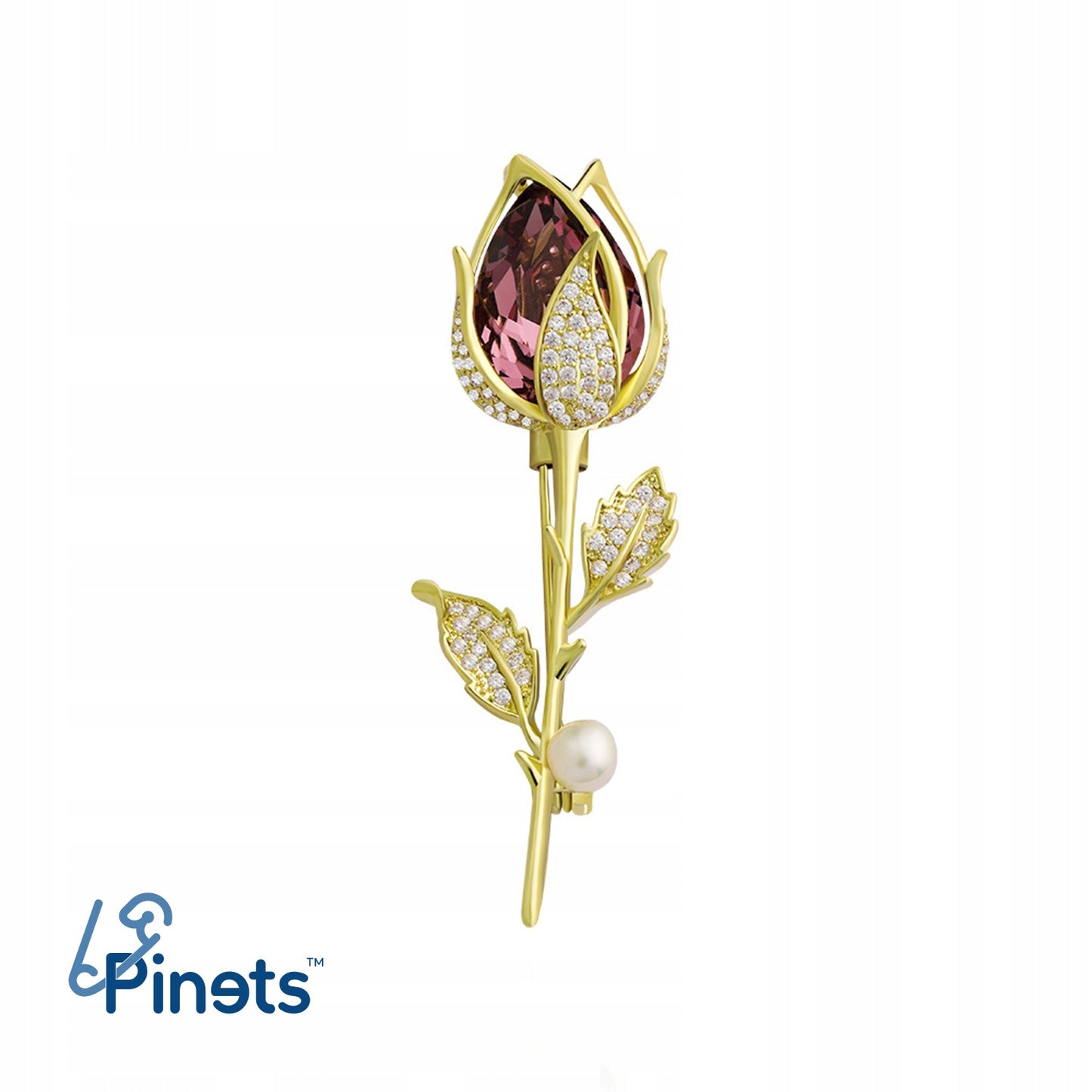 Rose mit Zirkonen und einer Perle – 14 Karat vergoldete Brosche