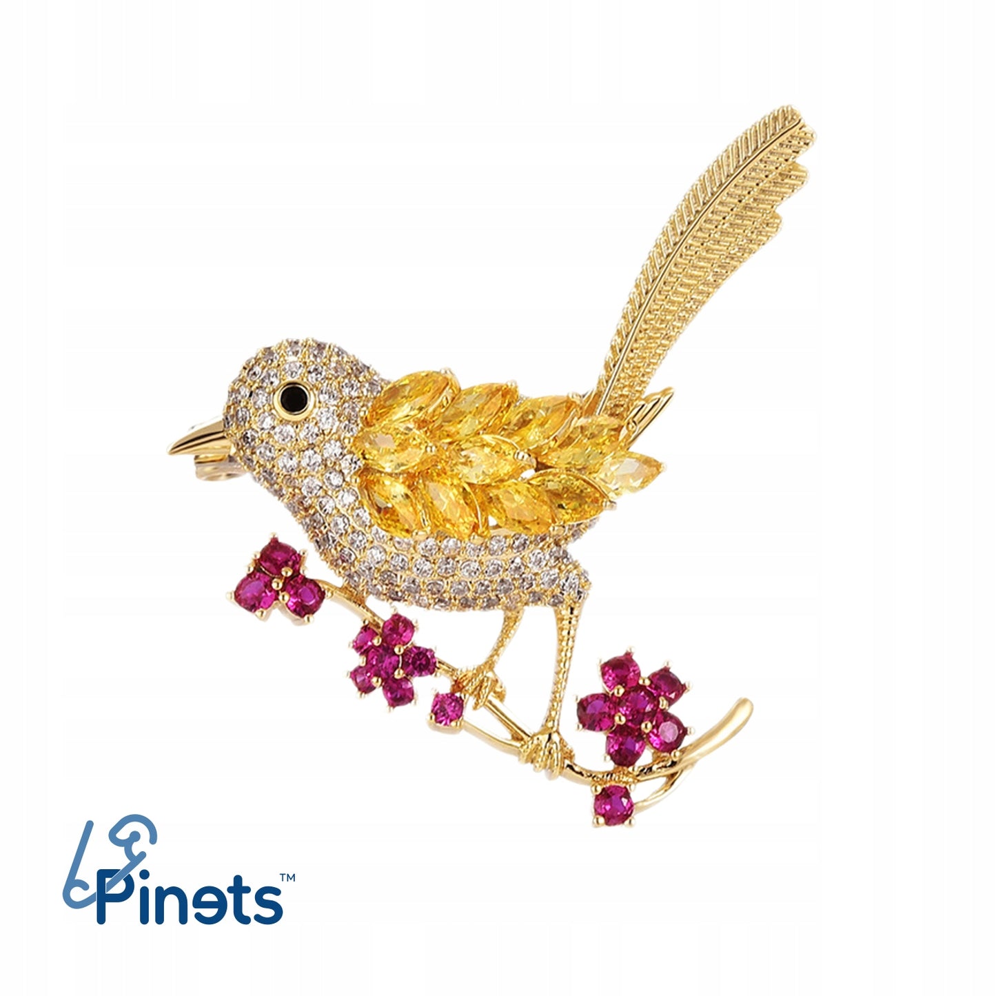 Vogel auf einem Ast mit Blumen - 14K vergoldete Brosche