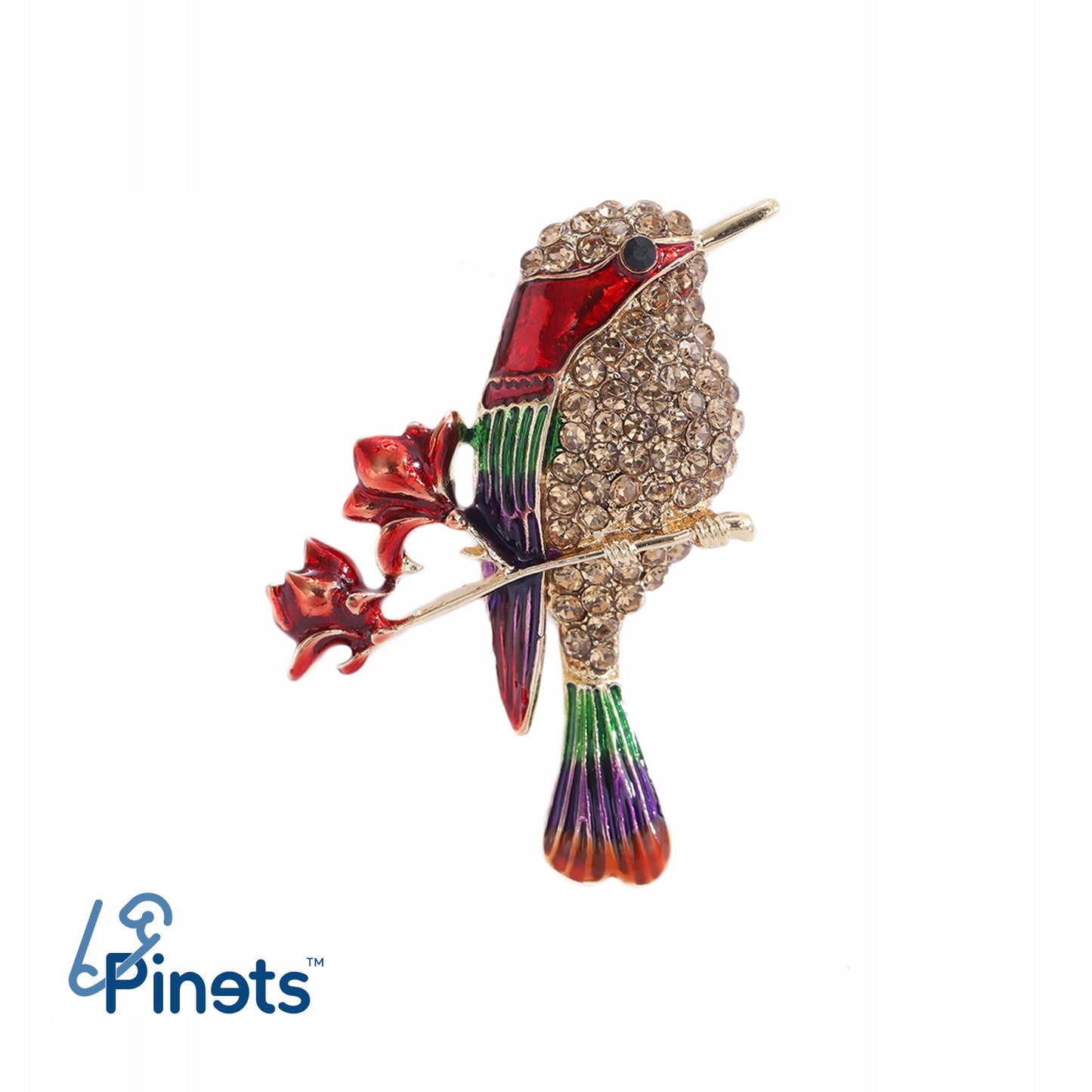 Goldener Vogel mit roten Blumen - Brosche verziert mit Zirkonias