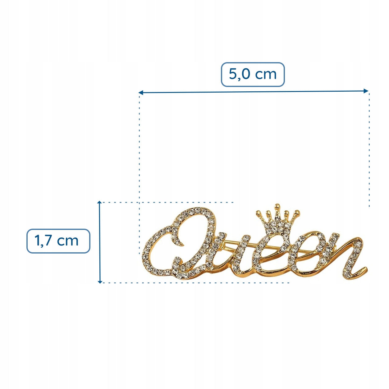 Goldinschrift „Queen“ mit einer Krone – Brosche mit Zirkonia
