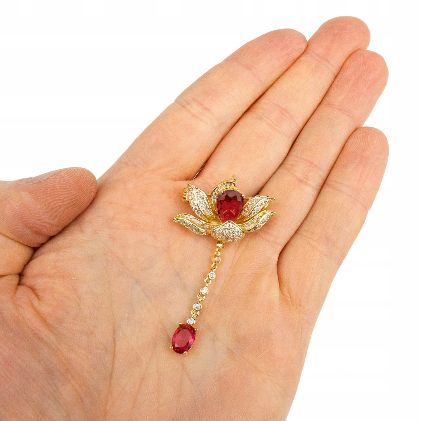 Blume mit Kette - 14K vergoldete Brosche