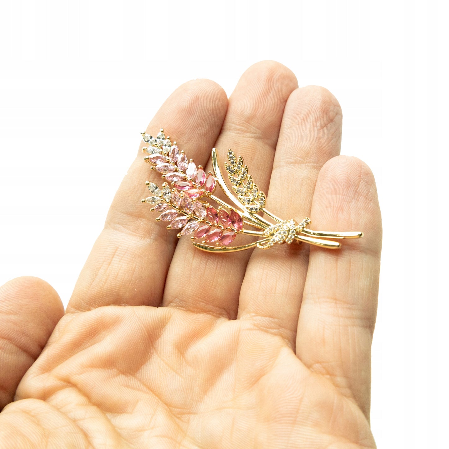 Getreideähren mit rosa Zirkonen – 14K vergoldete Brosche