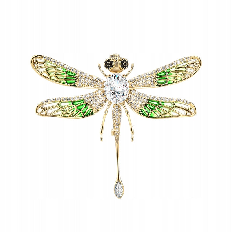Grüne Libelle mit Zirkonia – 14 Karat vergoldete Brosche