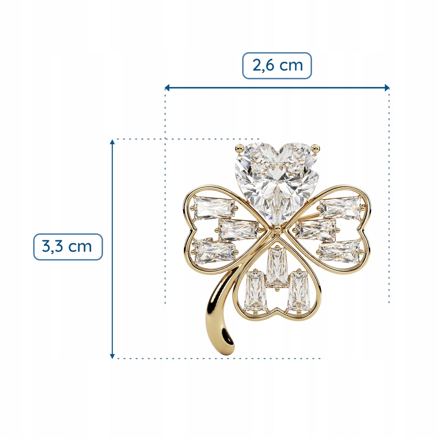 Goldenes Kleeblatt mit weißen Zirkonen und einem Herz – eine Glücksbrosche