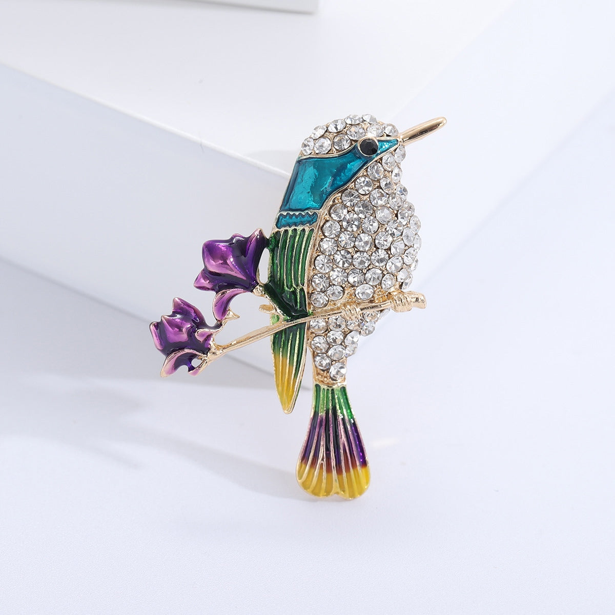 PINETS Brosche Blauer Vogel Blumen Strass