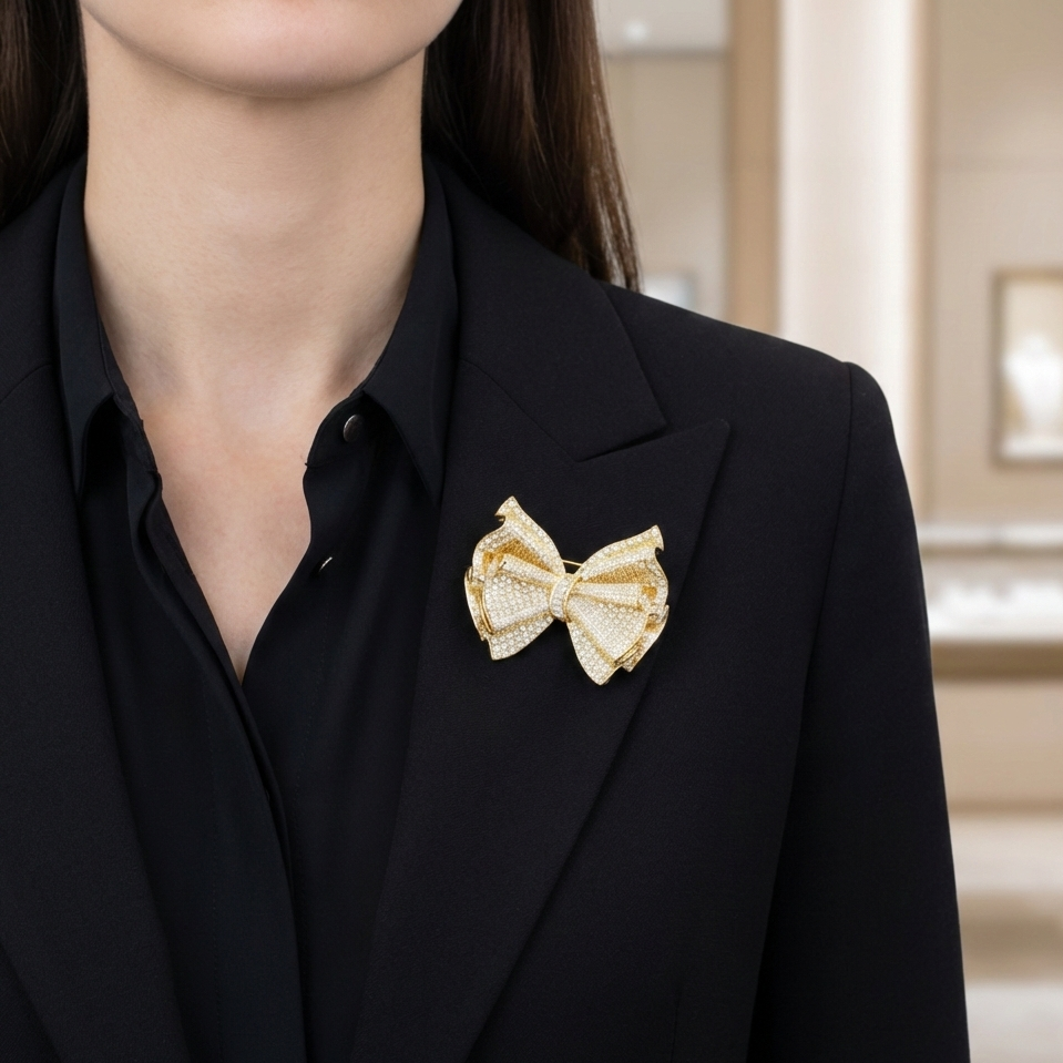 Phänomenale BOW Brosche, elegant, 14K vergoldet, mit Zirkonias 