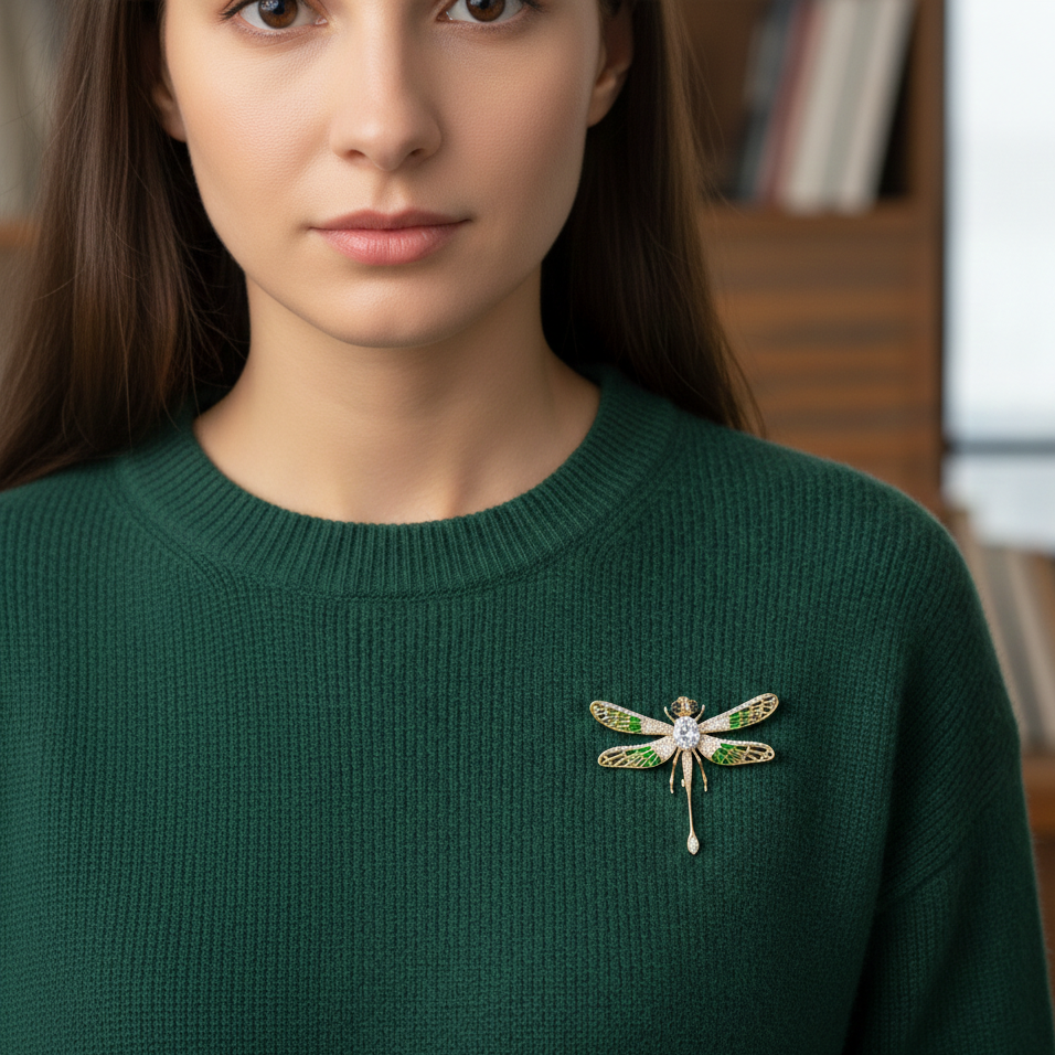 Grüne Libelle mit Zirkonia – 14 Karat vergoldete Brosche