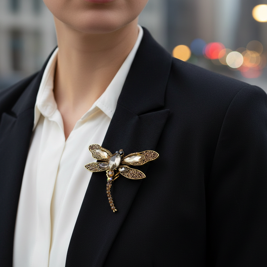PINETS DRAGONFLY Brosche, goldfarben, Bernstein, Zirkone 