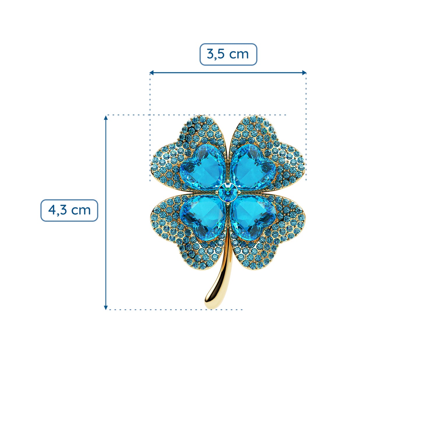 Blaues vierblättriges Kleeblatt mit Zirkonia - Glücksbrosche