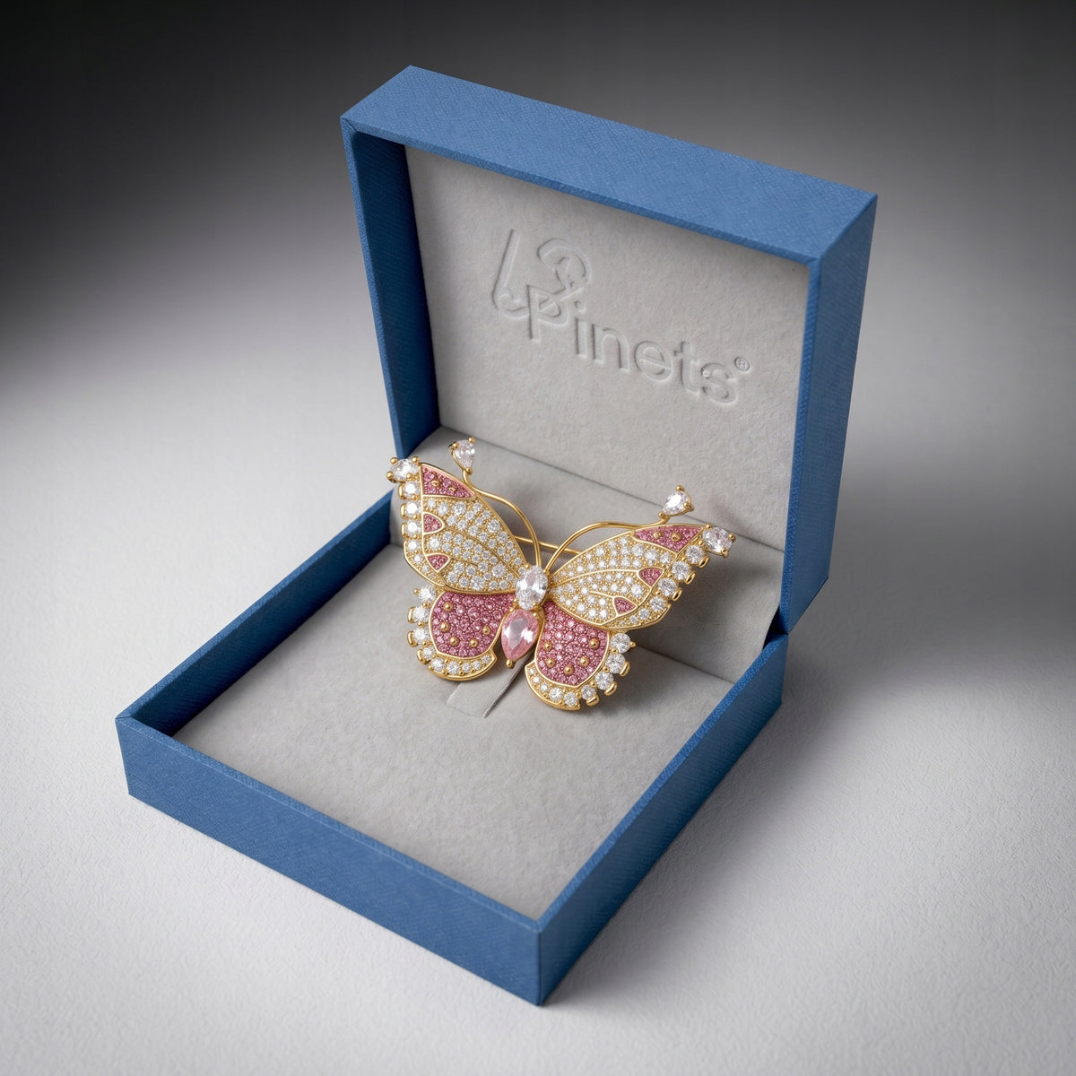 Broszka motyl złota różowa cyrkonie do marynarki elegancka