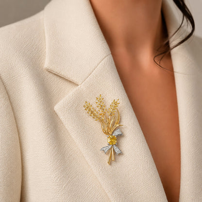 Broszka bukiet kłosów złota z żółtym kamieniem elegancka