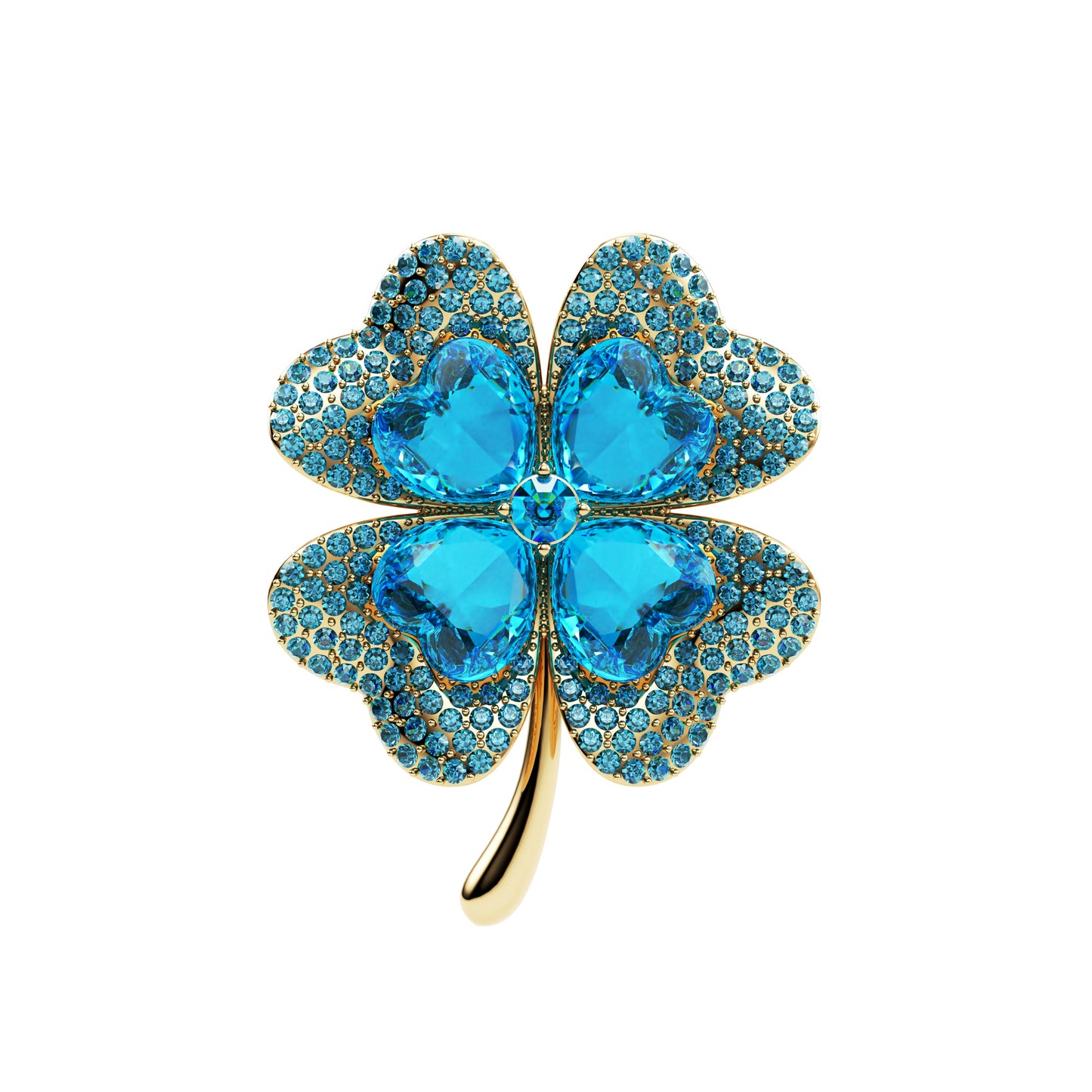 Blaues vierblättriges Kleeblatt mit Zirkonia - Glücksbrosche